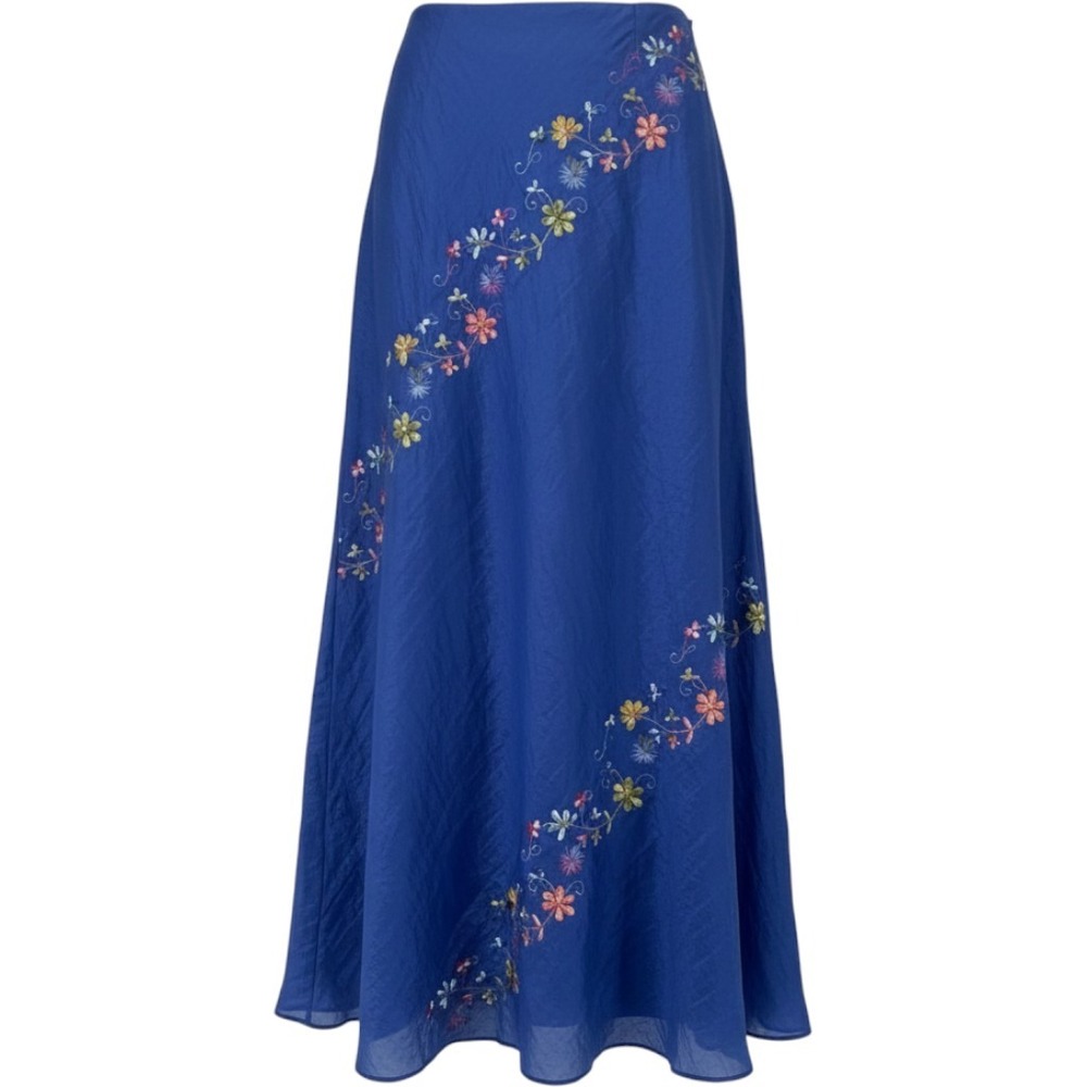 Vintage ABS Allen Schwartz Y2k Blue Floral Embroidered Maxi Skirt SZ 4 Fairy